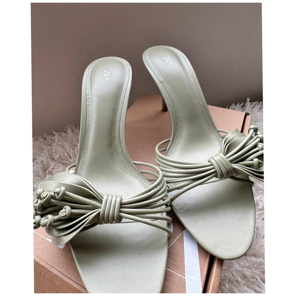 Zara Sage Green Rosette Mule Heels Strappy Sandals NWT - Picture 12 of 16